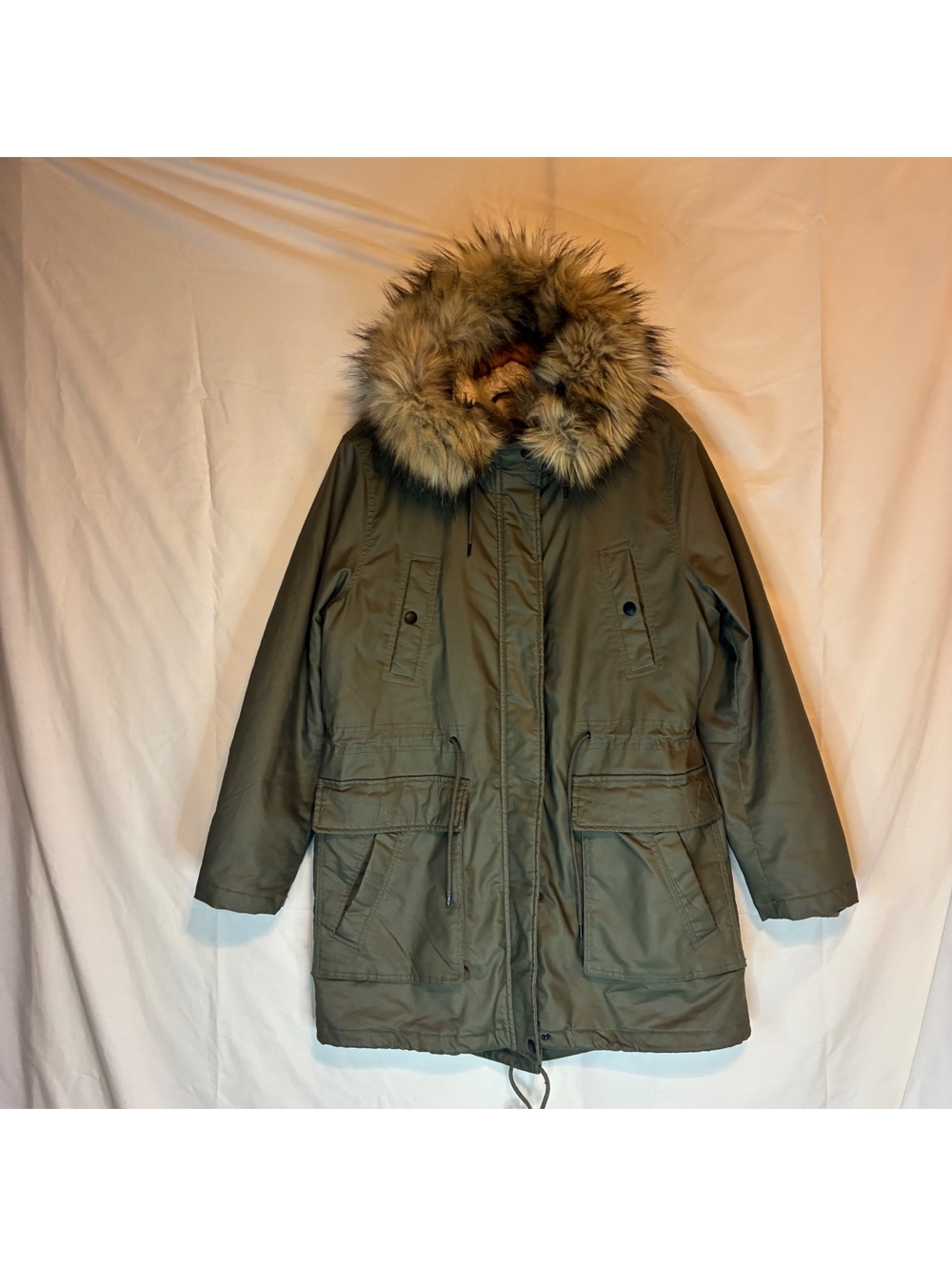 American Eagle Y2K Utility Parka Coat Olive Green Sherpa Faux Fur Hood Size L